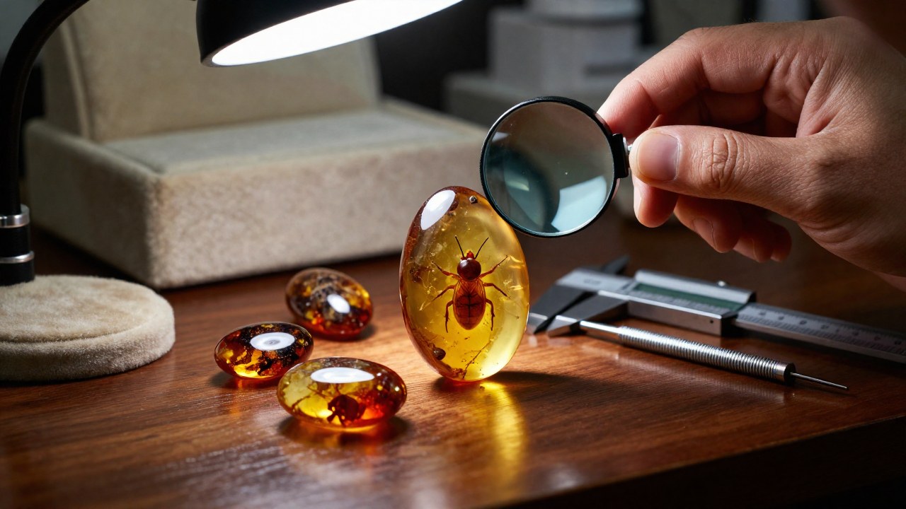 Examen de ámbar raro con insectos fosilizados, observado con lupa sobre superficie de madera.