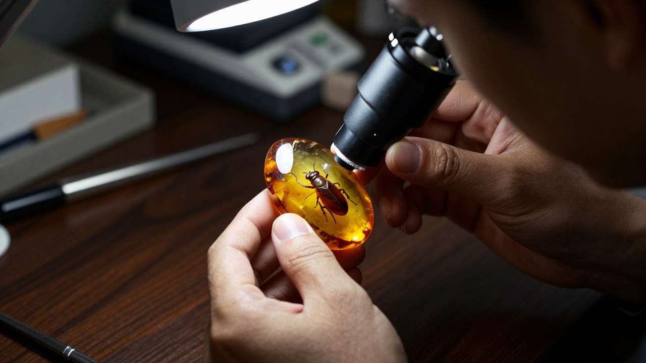 Un experto examina bajo lupa un ámbar antiguo dorado que contiene un insecto meticulosamente preservado.