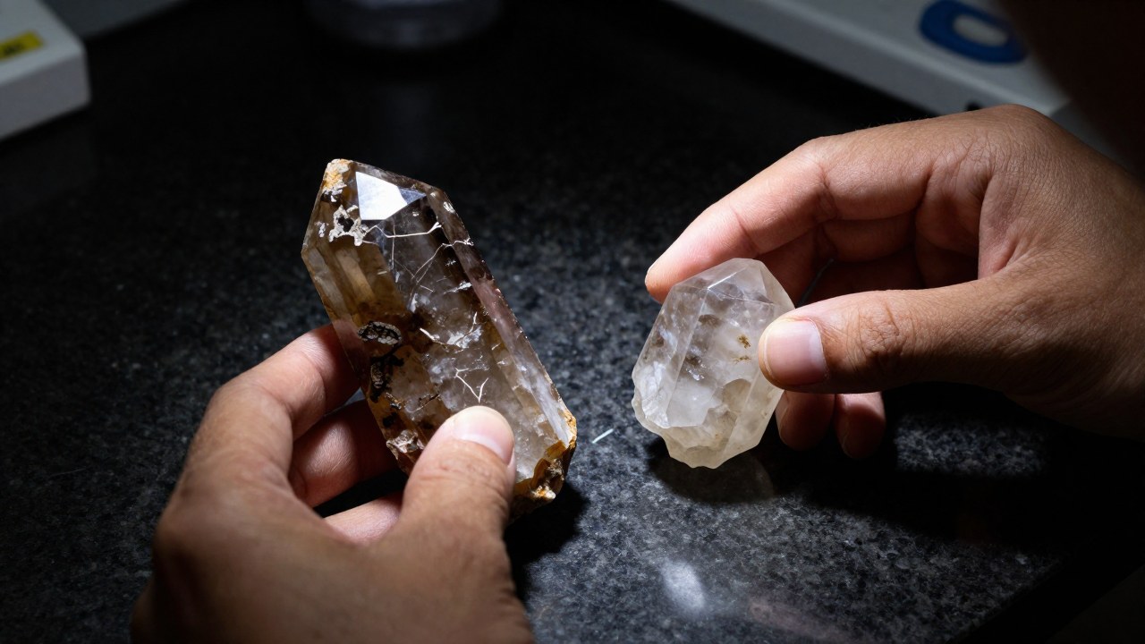 Manos de mineralogista comparan cuarzo ahumado auténtico con su contraparte sintética.