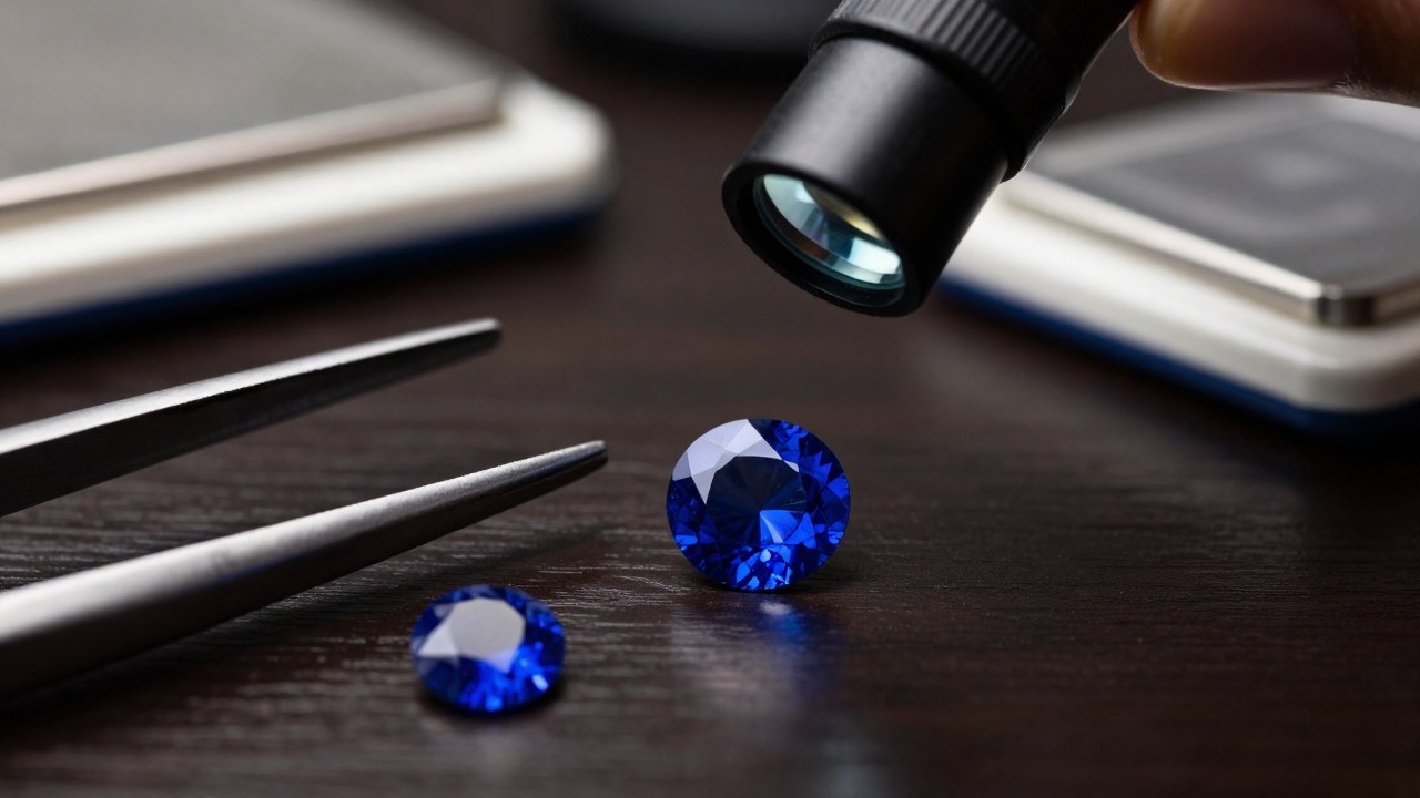 Varias zafiros azules están siendo examinados con herramientas gemológicas sobre una superficie oscura.