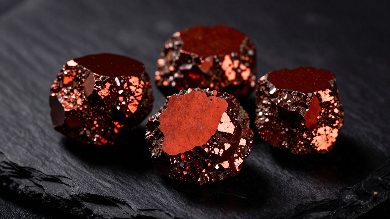 Varios especímenes de hematita de color rojo y brillo metálico sobre una losa geológica oscura.
