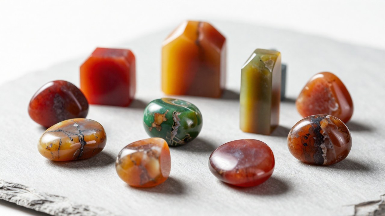 Colección de jaspe pulido y crudo, mostrando variados patrones y coloraciones terrosas sobre una superficie gris.