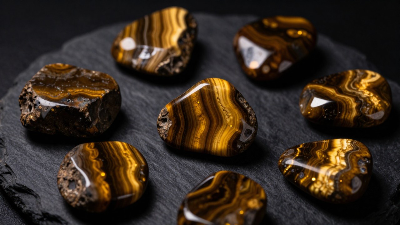 Gemas de Ojo de Tigre pulidas y crudas exhibidas en una pizarra, destacando su variedad y brillo dorado.