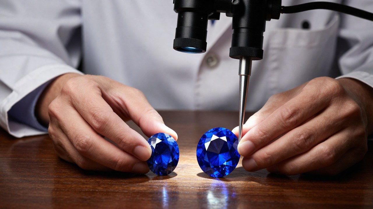 Gemólogo compara zafiros azules naturales y sintéticos, buscando diferencias con herramientas especializadas.