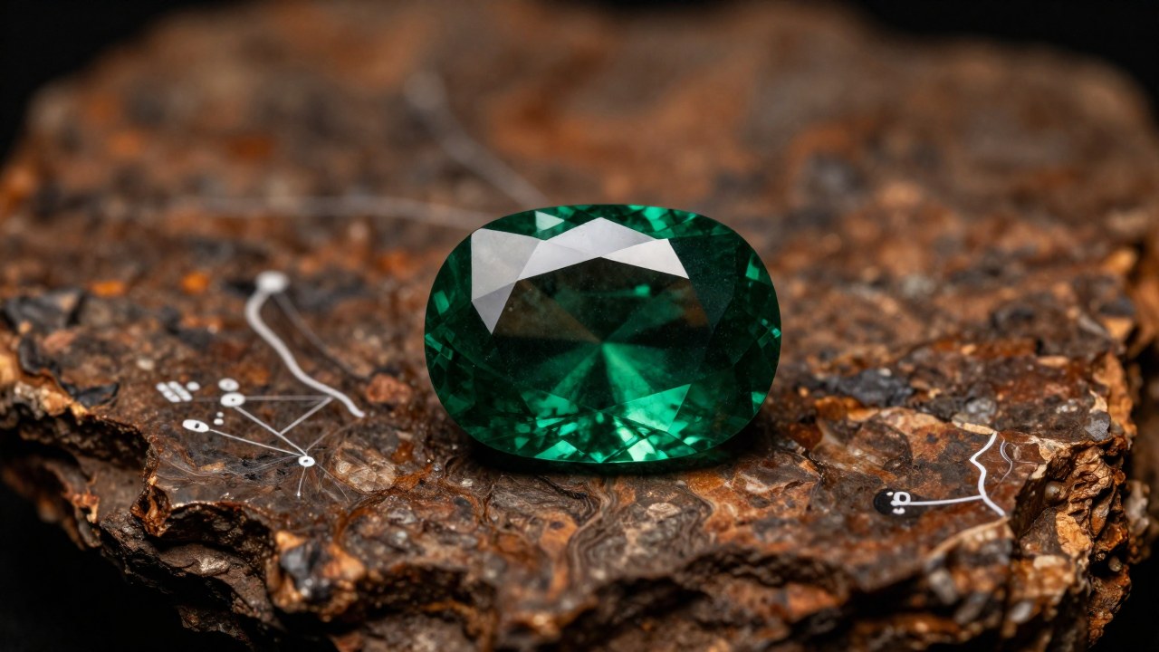 Una gema de color intenso sobre una losa de material geológico, acompañada de elementos que sugieren su origen y rareza.