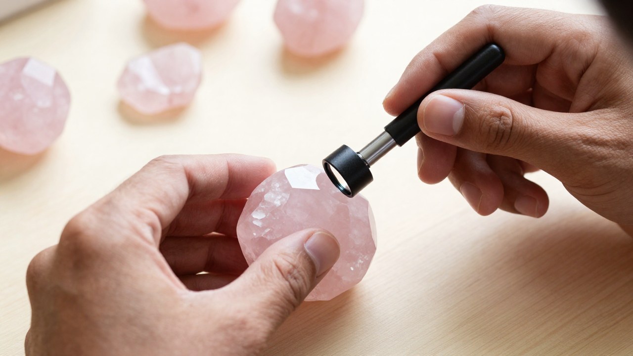 Manos examinando con lupa un cristal de cuarzo rosa translúcido sobre una mesa de madera.