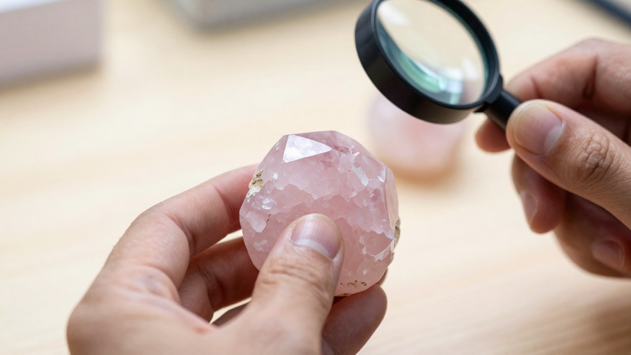 Manos expertas inspeccionando un ejemplar de cuarzo rosa traslúcido sobre una superficie de laboratorio.
