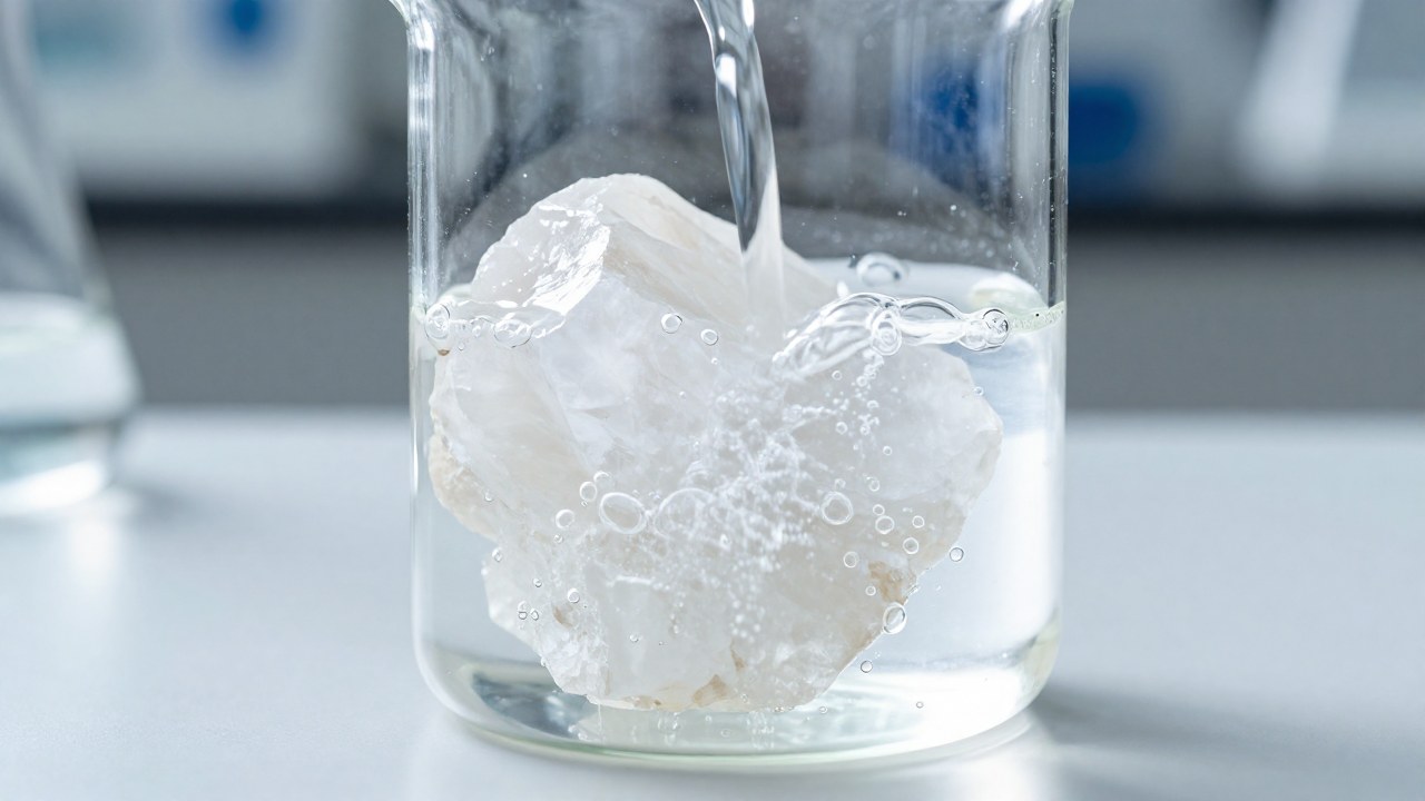 Un cristal de calcita en un vaso de precipitados reacciona con ácido, produciendo burbujas activas.