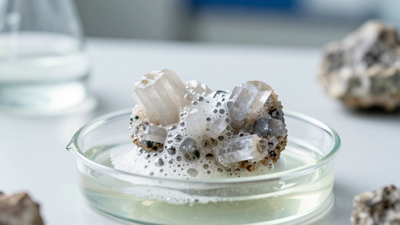 Muestras de mineral de calcita reaccionando con un ácido, produciendo efervescencia visible en un laboratorio.