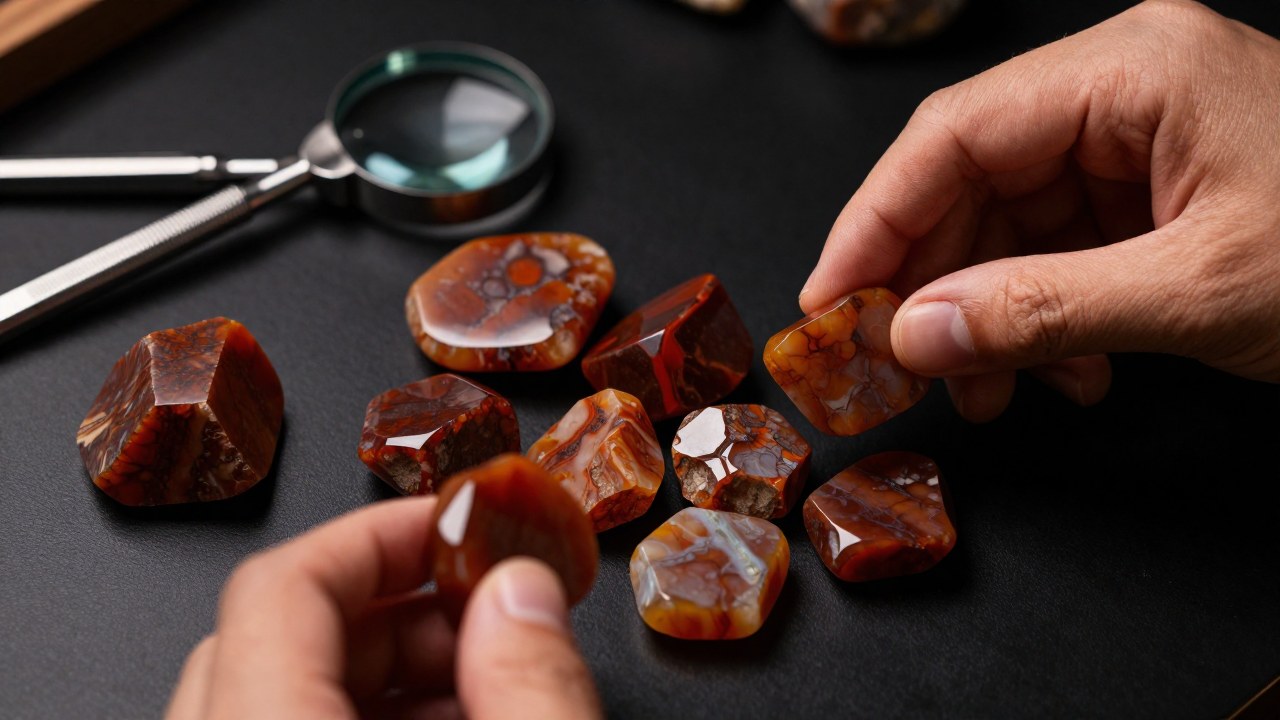 Manos inspeccionando jaspe marrón de alta calidad junto a herramientas de selección mineral.
