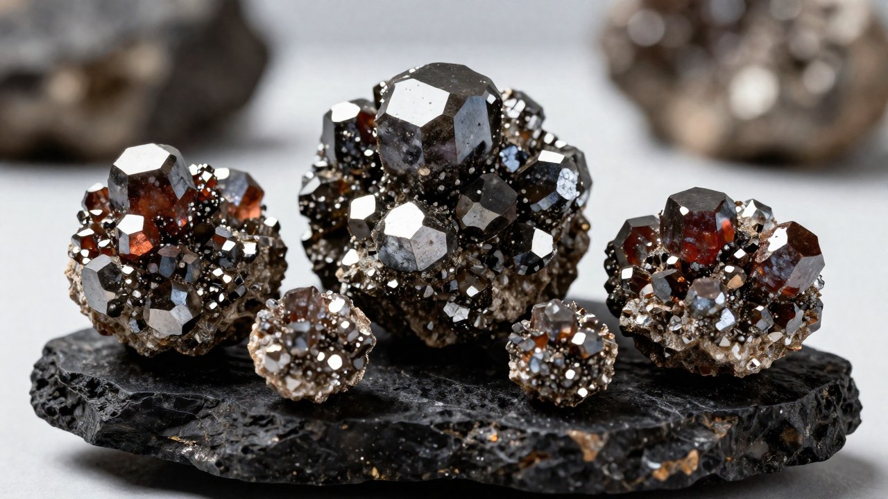 Clusters de cristales de Casiterita, de tonos metálicos gris y rojizos, presentados sobre una roca oscura.