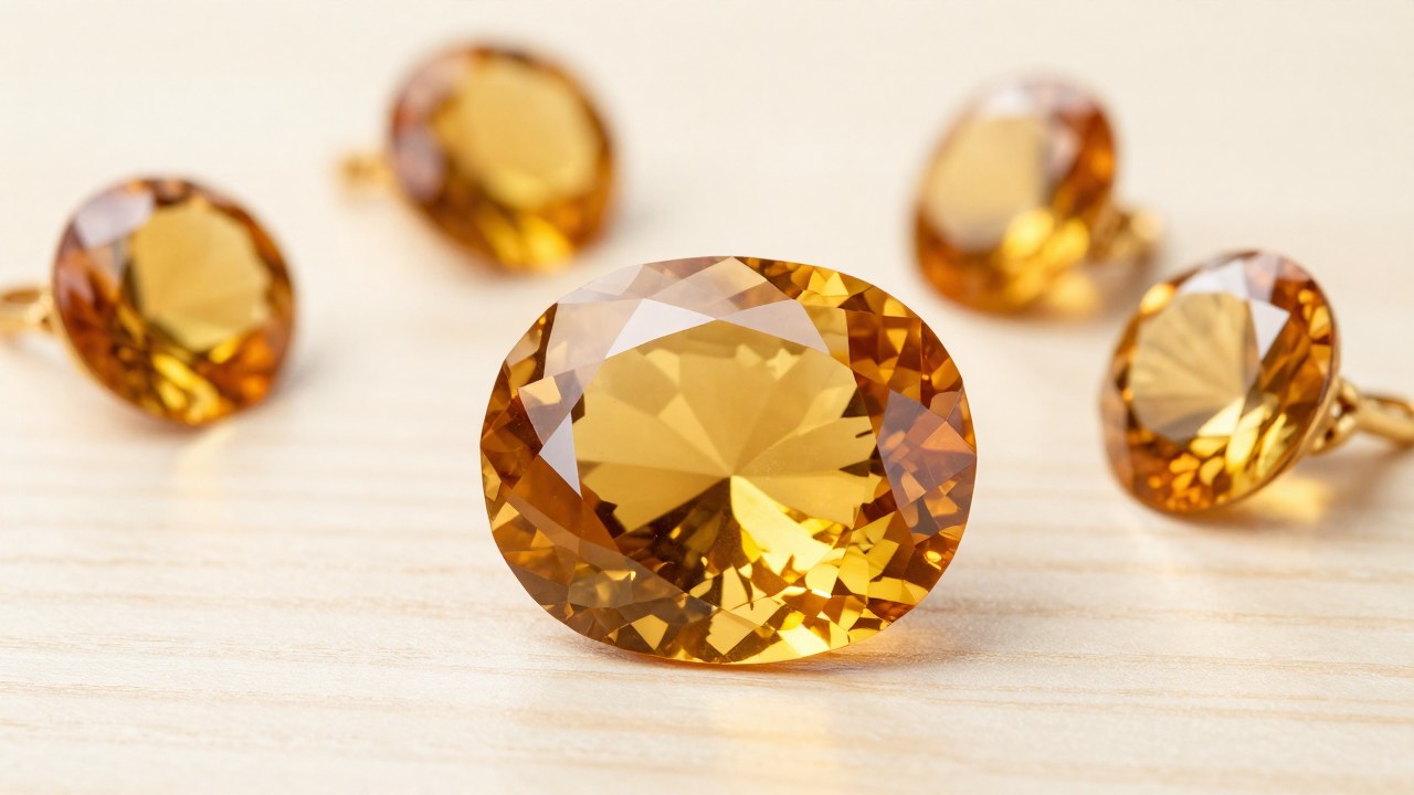Gemas citrinas facetadas y joyas de oro artesanal presentadas sobre una superficie de madera pálida.