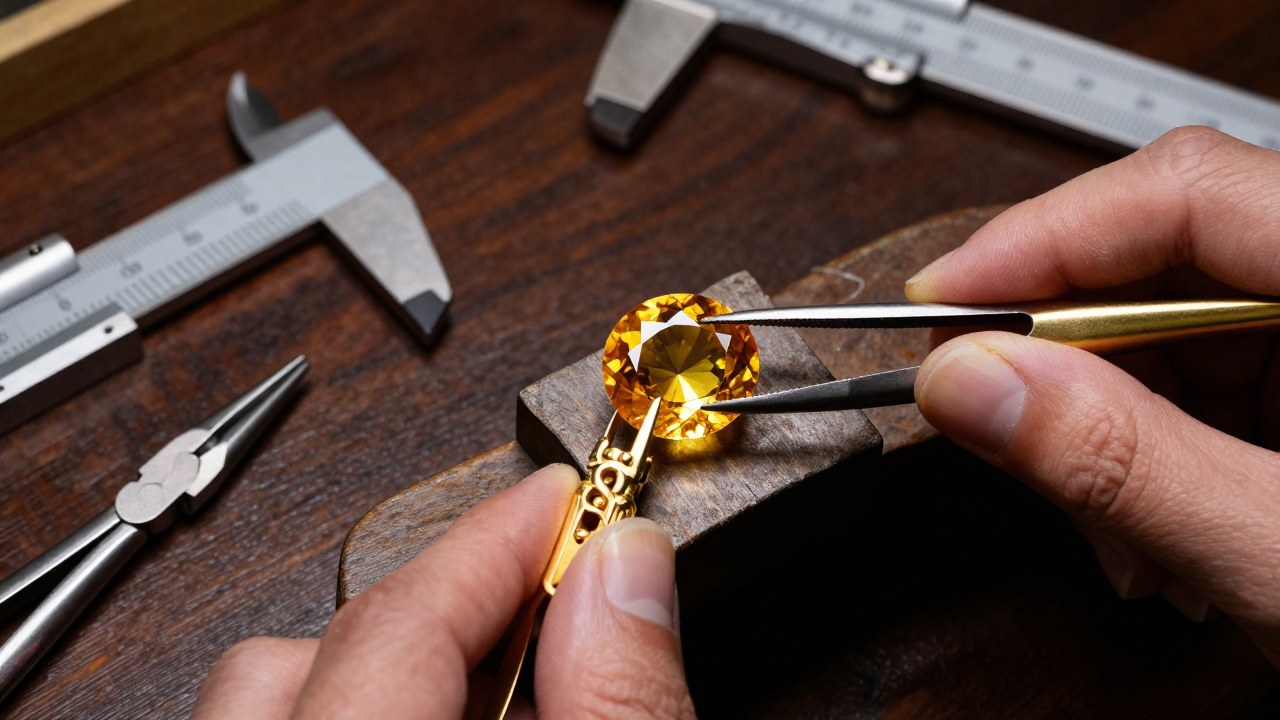 Un citrino brillante se coloca cuidadosamente en un engaste de oro amarillo sobre una mesa de trabajo de joyería.
