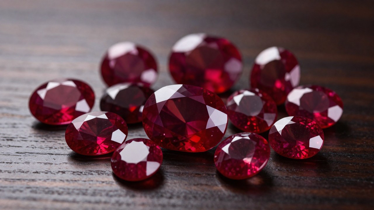 Rubíes rojos exhibidos sobre madera oscura, simbolizando la rareza y el comercio global de gemas.