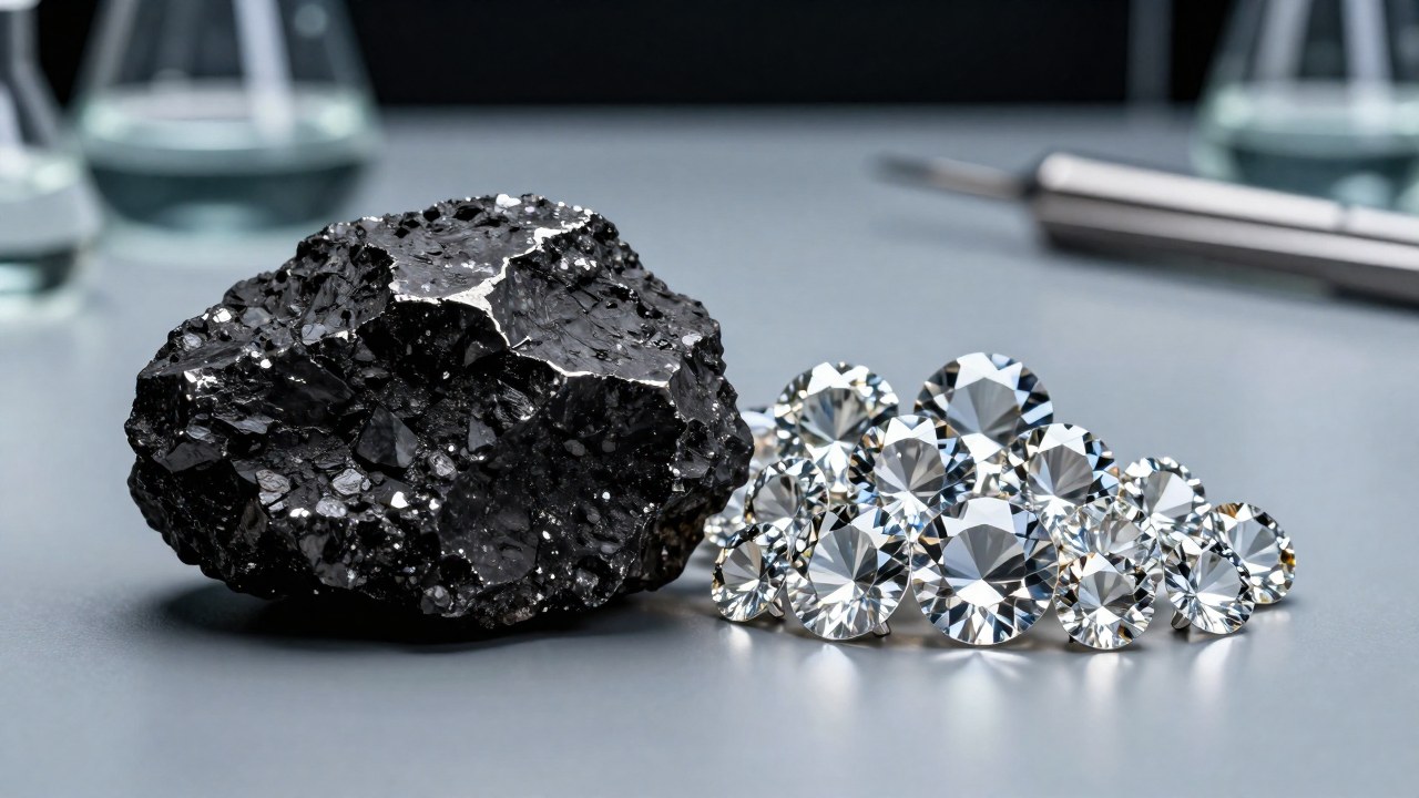 Juxtaposición de roca meteorítica áspera y cristales de moissanita brillantes sobre una superficie de laboratorio.