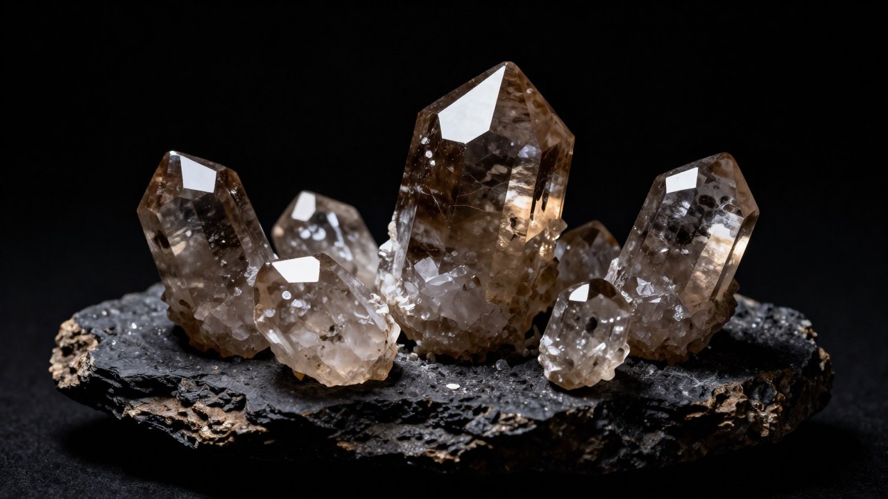 Múltiples cristales de cuarzo ahumado sobre una losa de matriz rocosa oscura.