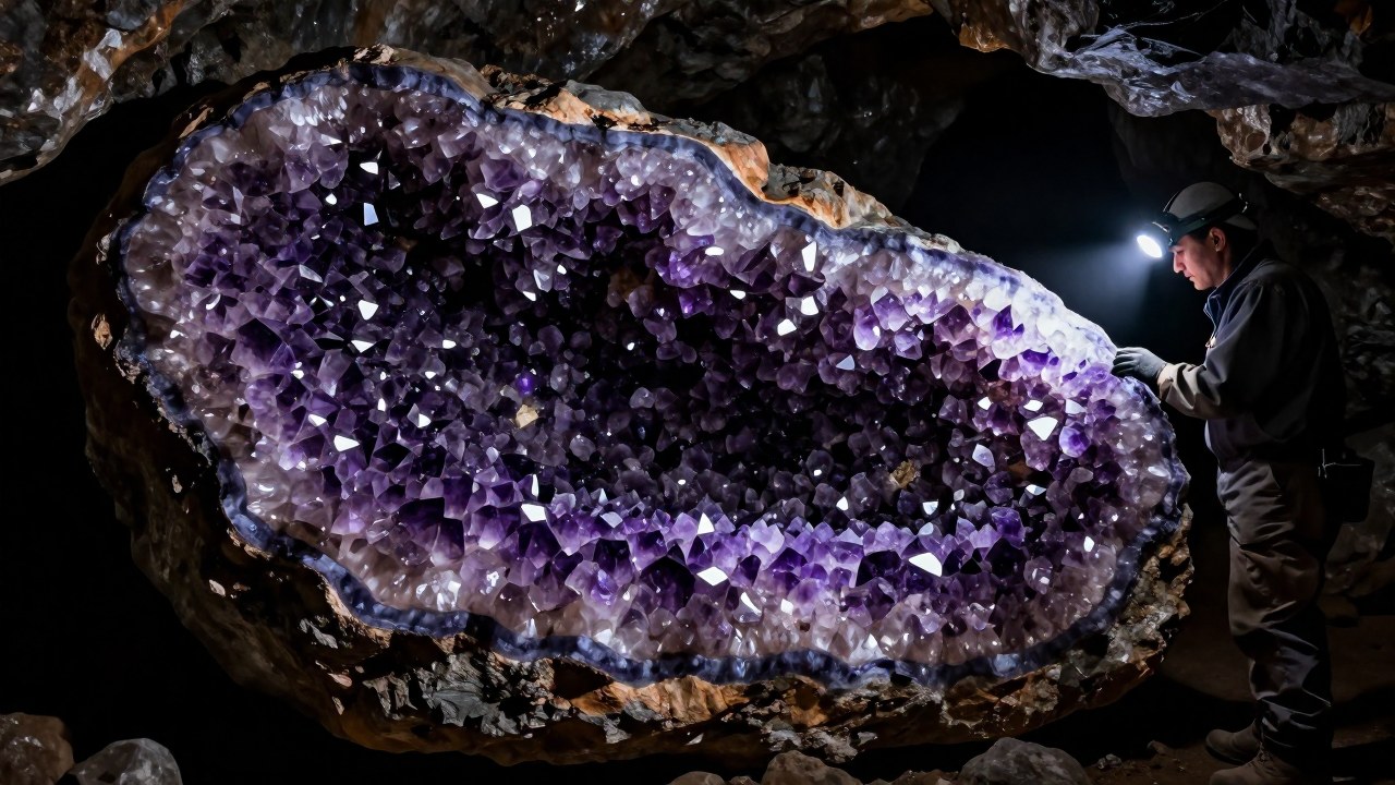 Geólogo examinando formaciones masivas de cristales de amatista púrpura dentro de una caverna de mina.