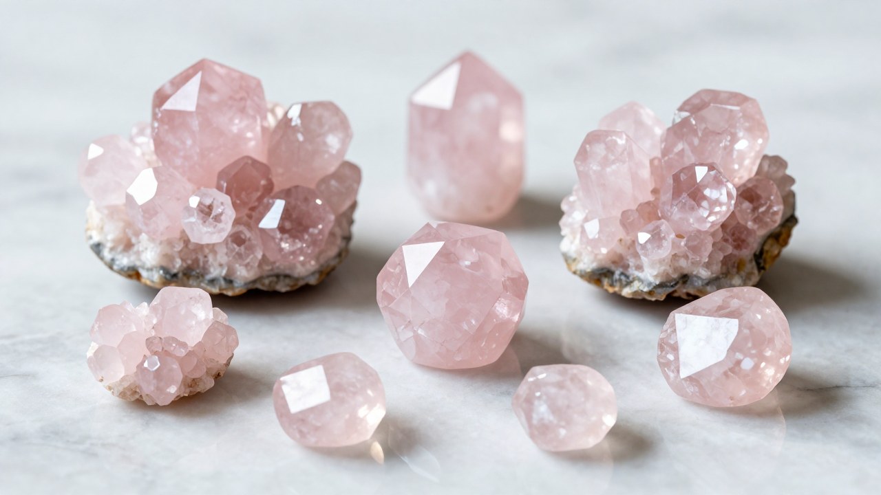 Cuarzo rosa pulido y en bruto dispuestos sobre mármol, destacando su estructura cristalina y propiedades naturales.