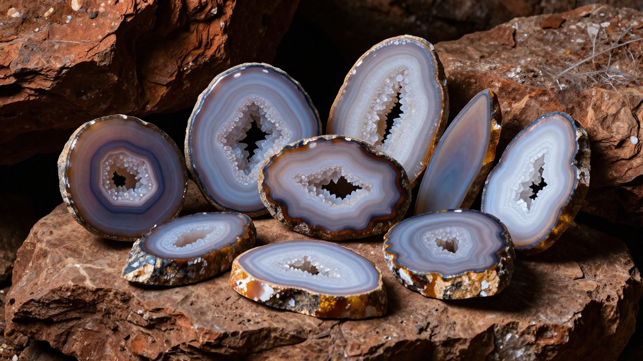 Colección de geodas de ágata crudas y rebanadas exhibidas sobre roca geológica, mostrando sus patrones concéntricos intrincados.