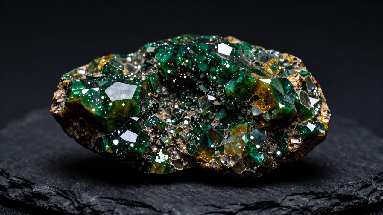 Mineral de Aventurina Venturina pulida mostrando su densa estructura cristalina y brillo verde.