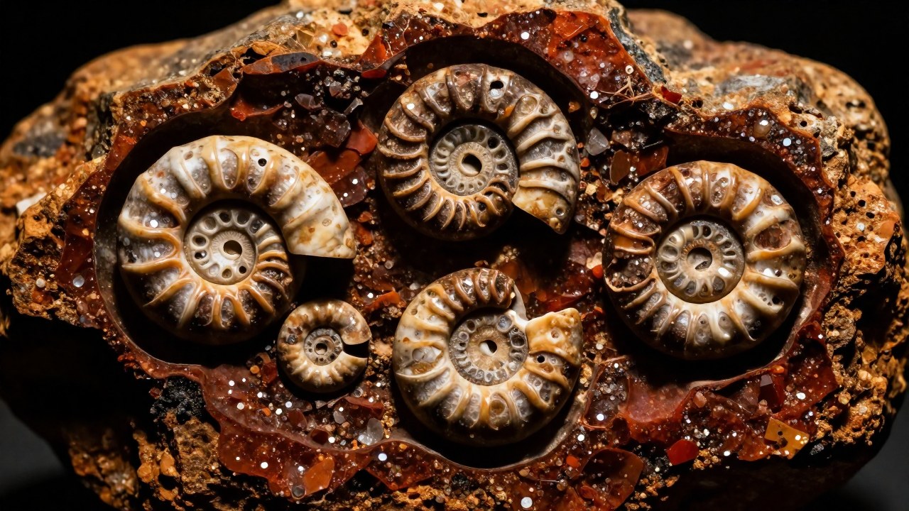 Fósiles de ammonites petrificados incrustados en una sección de roca sedimentaria, mostrando su estructura mineralizada.