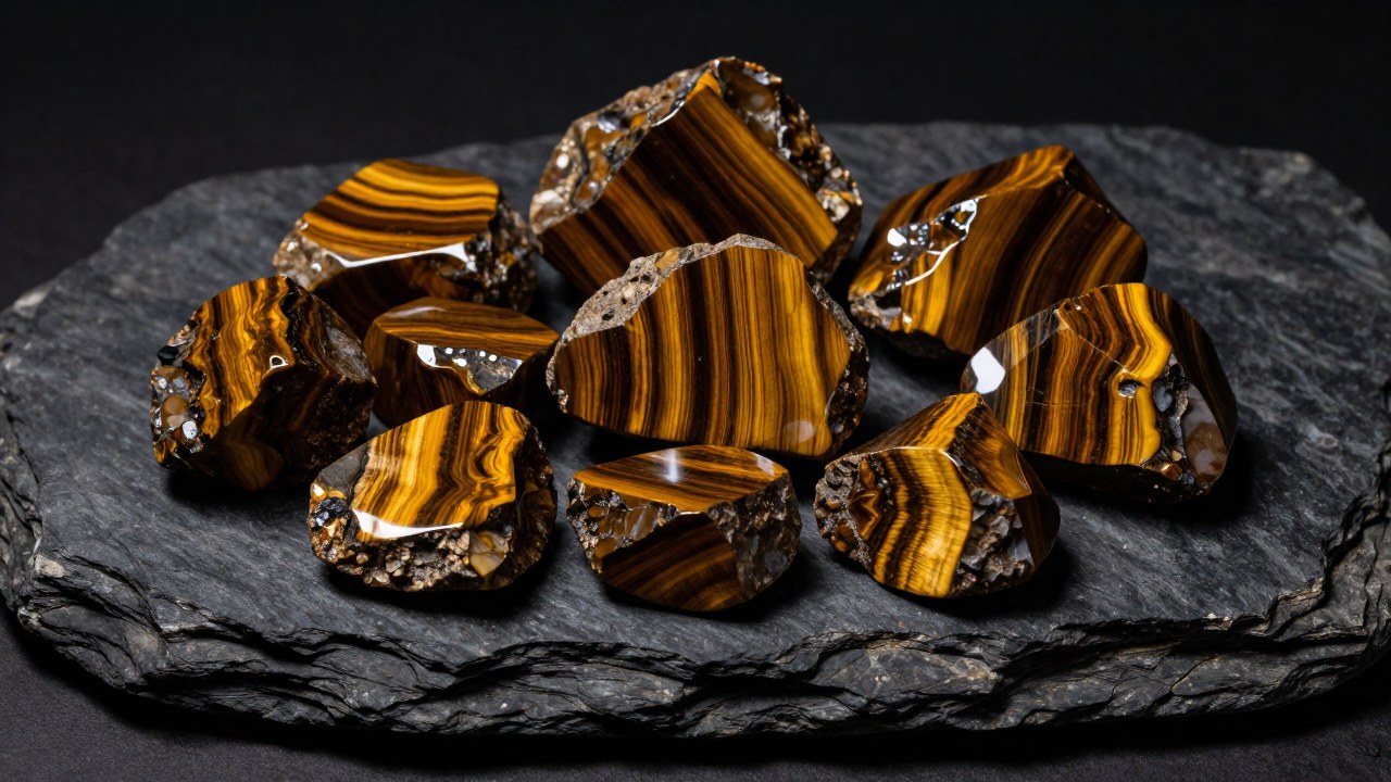 Colección de especímenes brutos de ojo de tigre con bandas doradas, dispuestos sobre una losa de roca oscura.
