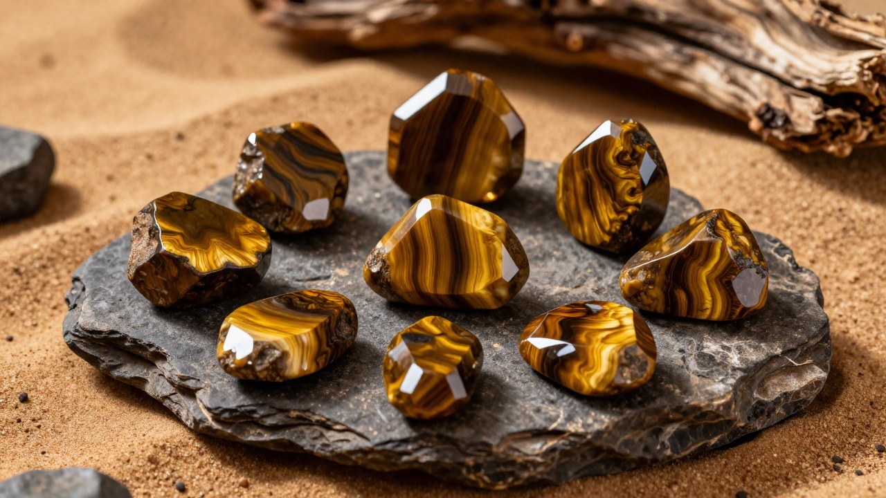 Gemas de Ojo de Tigre pulidas y en bruto presentadas sobre una base de piedra arenisca rústica.