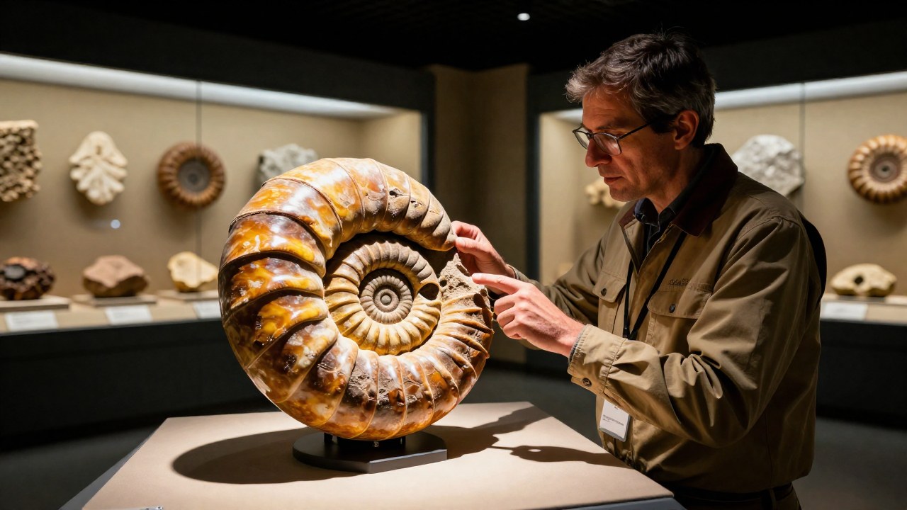 Un paleontólogo examina un gran fósil de amonita preservado en la galería de un museo geológico.