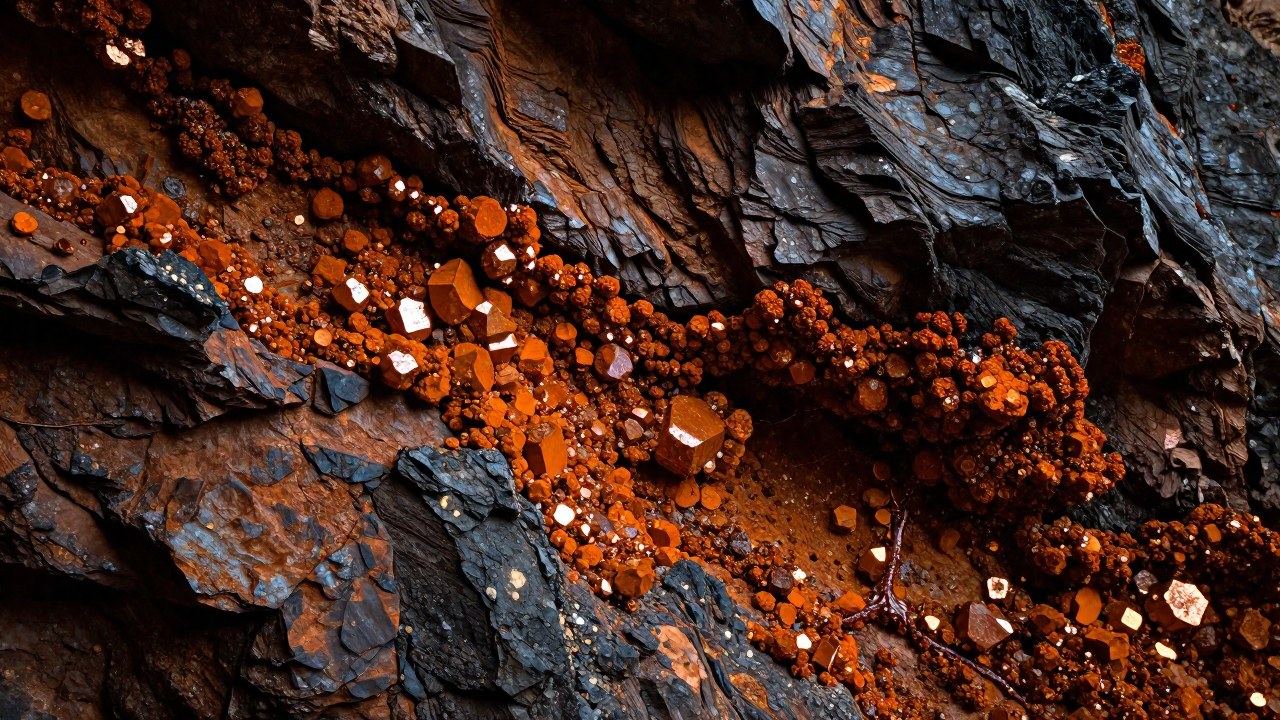 Un corte geológico ilustra depósitos de calcopirita naranja y vetas hidrotermales en la roca y estratos.