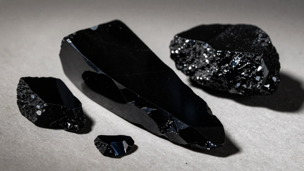 Obsidiana negra dispersa que contrasta su superficie pulida y brillante con fracturas finas y afiladas.