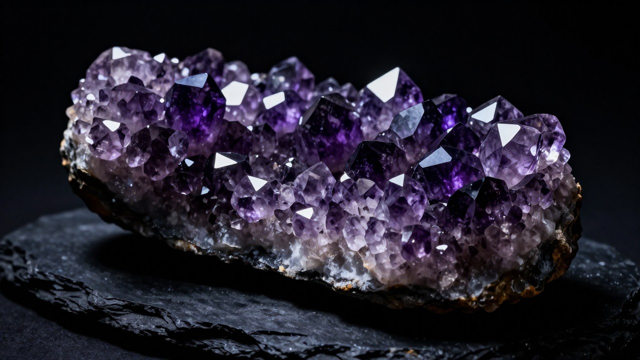 Clusters de cristales de cuarzo amatista púrpura sobre una superficie de pizarra oscura.