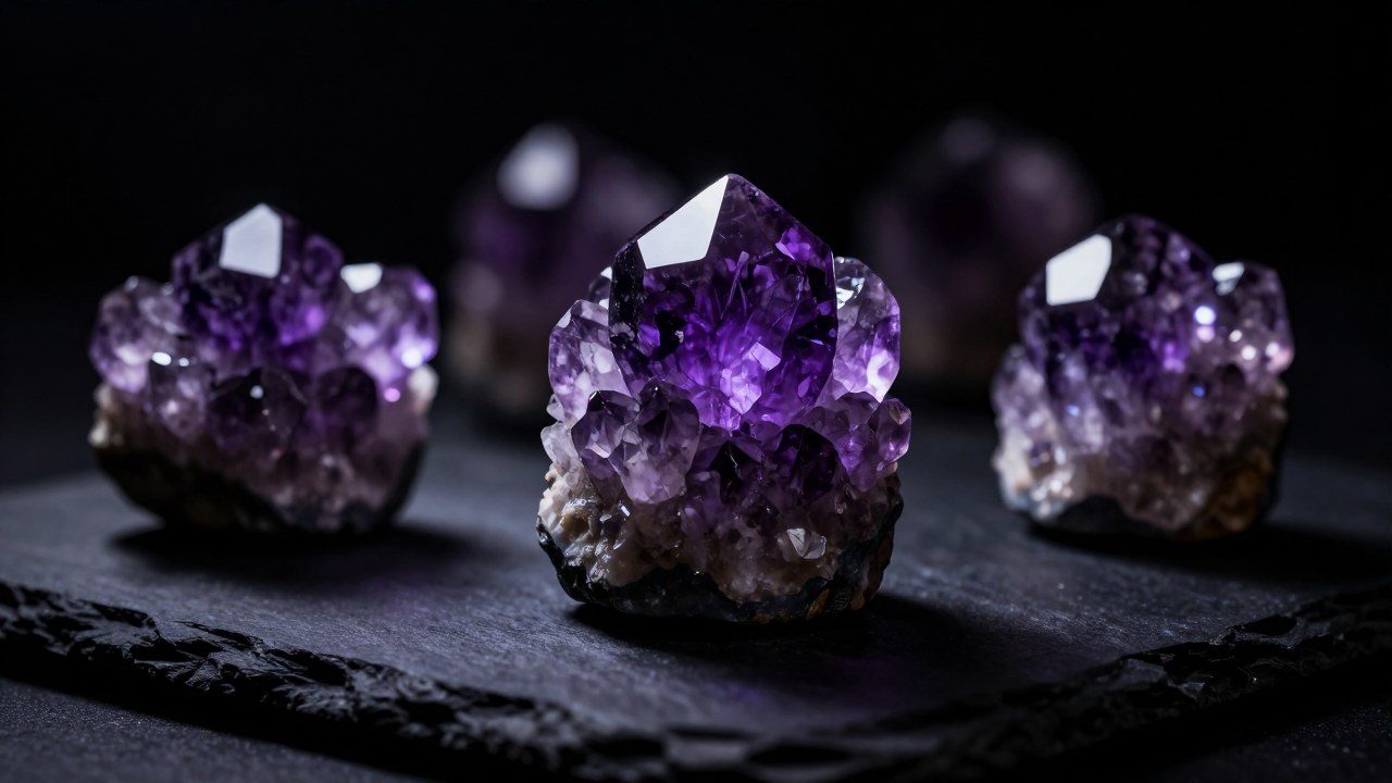 Grandes cristales de amatista púrpura dispuestos en una superficie oscura de pizarra pulida.