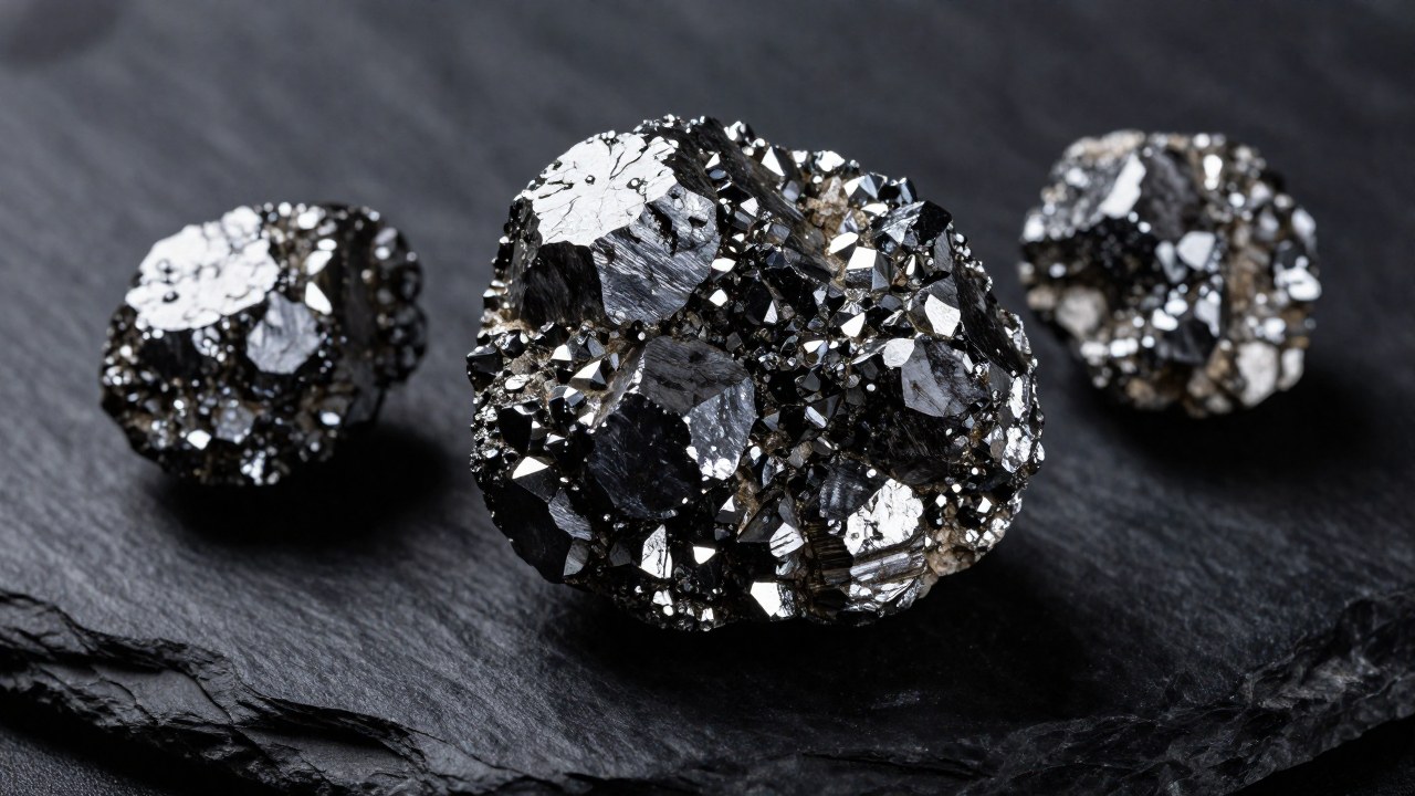 Specímenes de mineral galena gris oscuro, con brillo metálico intenso, sobre una superficie de pizarra.