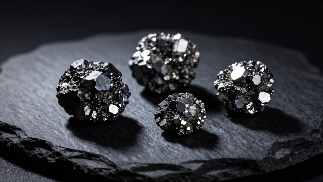 Minerales cristalinos de galena, con lustre metálico, presentados sobre una losa oscura de muestra geológica.