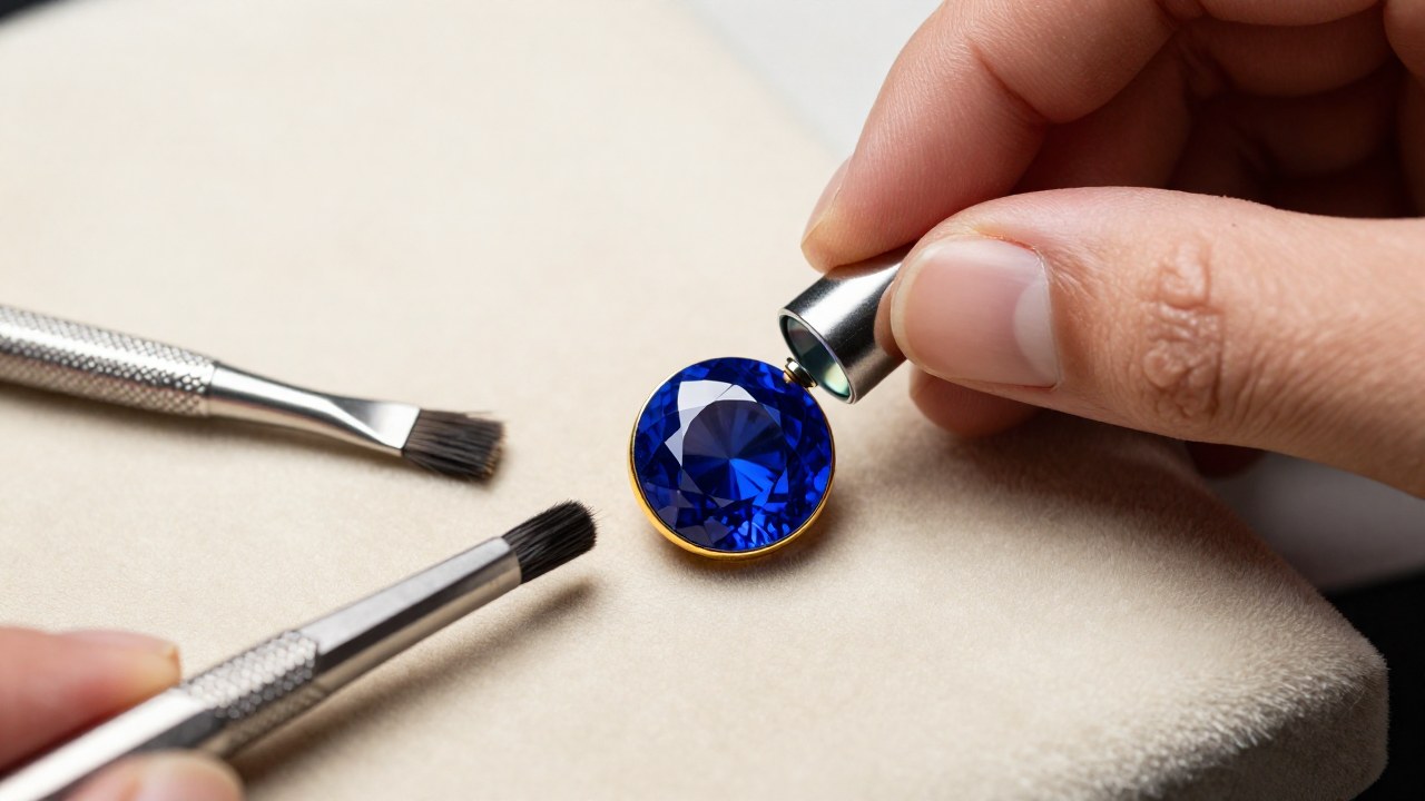 Manos inspeccionan meticulosamente un zafiro azul brillante sobre un paño de joyero, rodeado de herramientas.