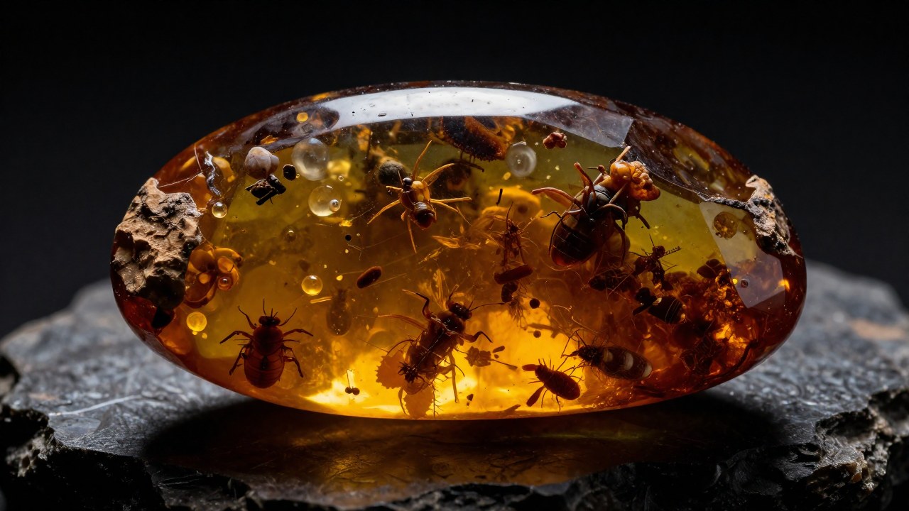 Gran muestra de ámbar dorado antiguo con inclusiones fósiles sobre una losa de roca pulida.