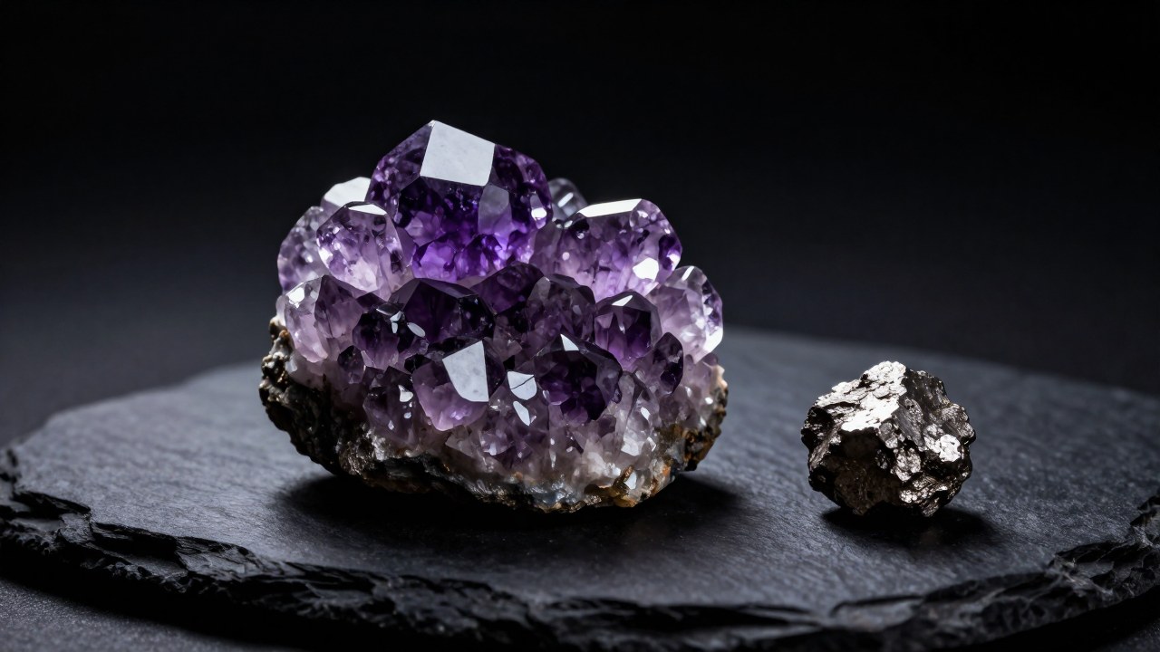 Cristales de amatista violeta junto a mineral de hierro, ilustrando la conexión química entre los minerales.
