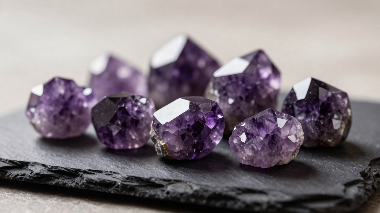 Rodajas y cristales de amatista de color púrpura dispuestas sobre una superficie de pizarra.