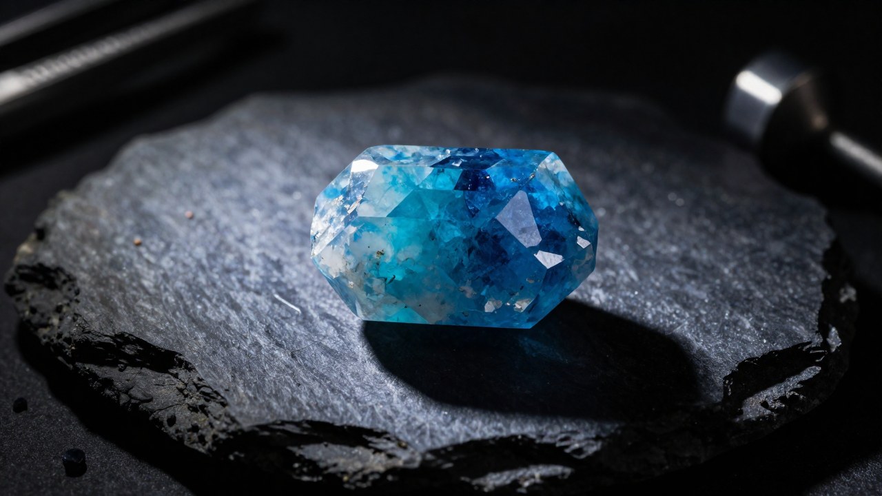 Turmalina azul brillante sobre una superficie mineral oscura, acompañada de elementos y herramientas de análisis geológico.
