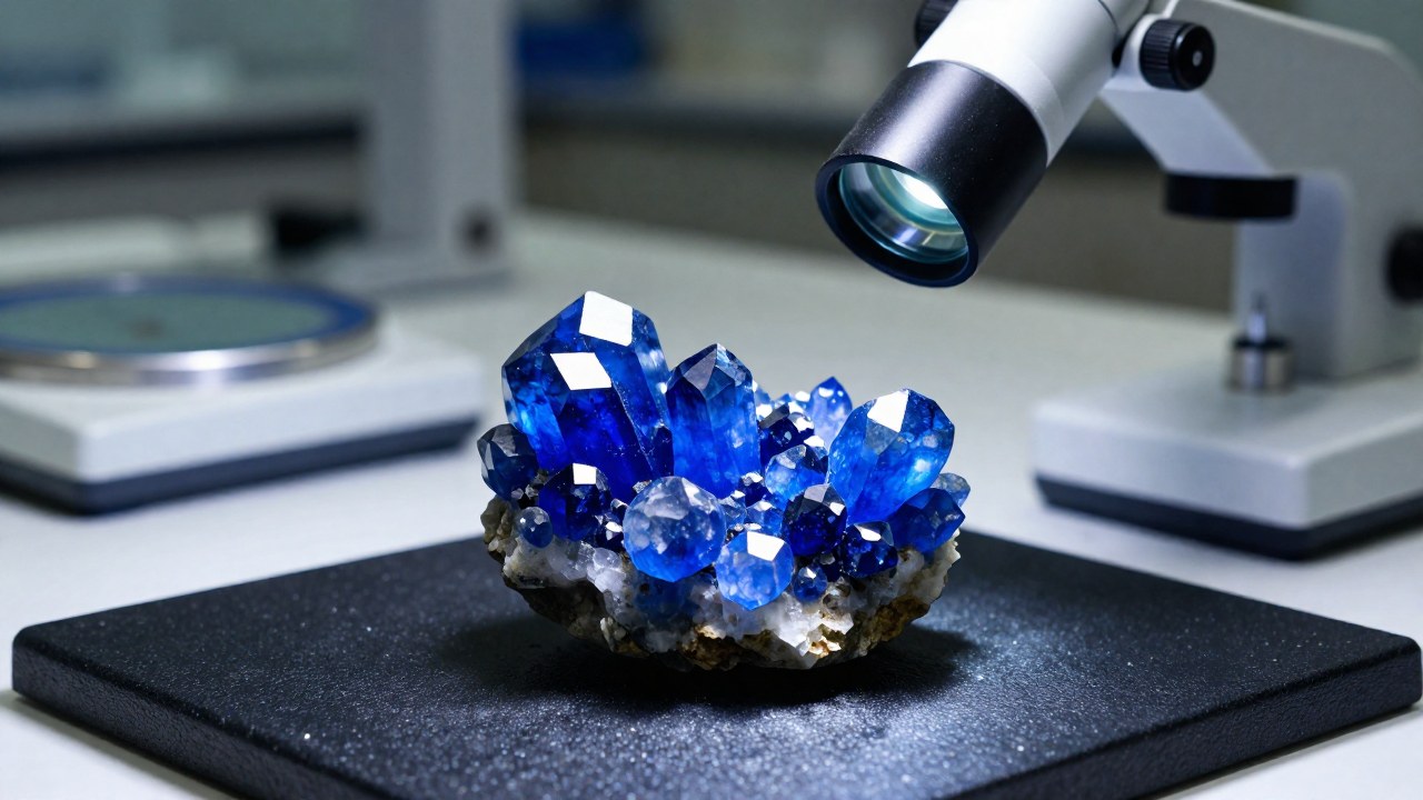 Muestra de turmalinas azules en un laboratorio de gemología para su análisis y estudio.