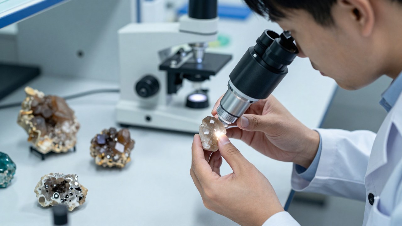 Mineralogista examina un cuarzo ahumado con equipo científico en un laboratorio geológico.