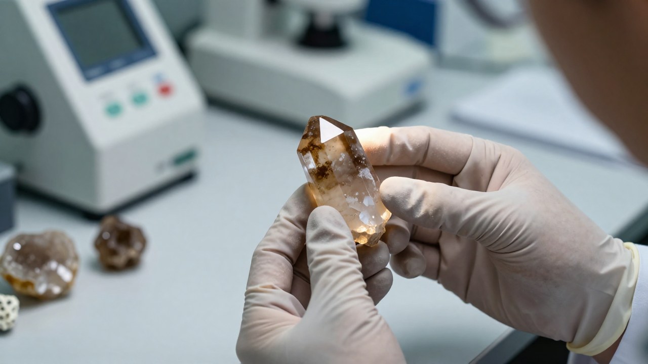 Examinación detallada de un espécimen de cuarzo ahumado por un gemólogo en un laboratorio geológico.