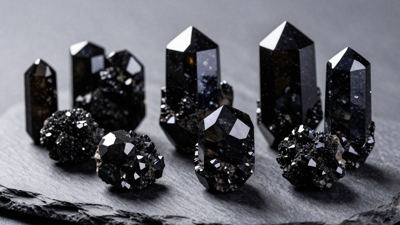 Muestras de turmalina comparadas con escorl y hematita para ilustrar las diferencias entre minerales.