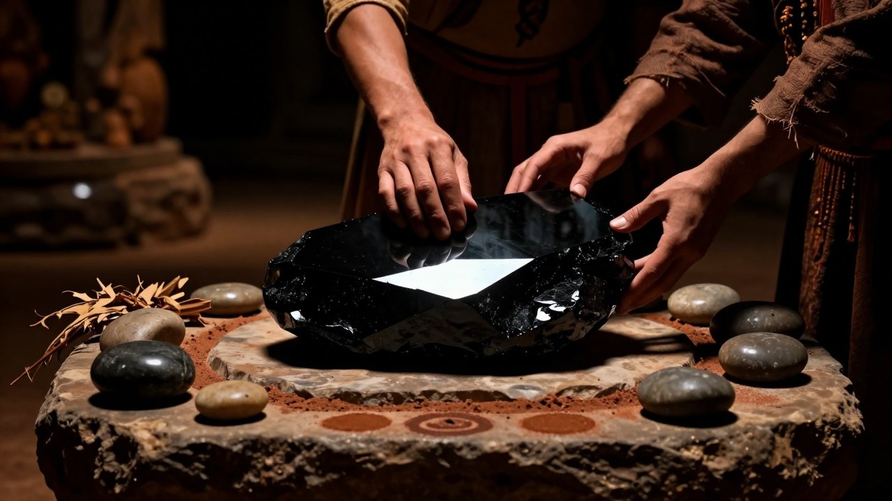 Manos en un ritual ancestral, interactuando con una obsidiana negra sobre un altar de piedra.