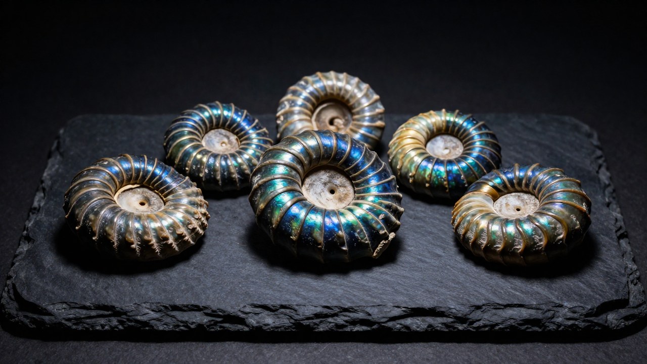 Fósiles de ammonites antiguos dispuestos sobre una pizarra oscura, mostrando un sutil brillo iridiscente.