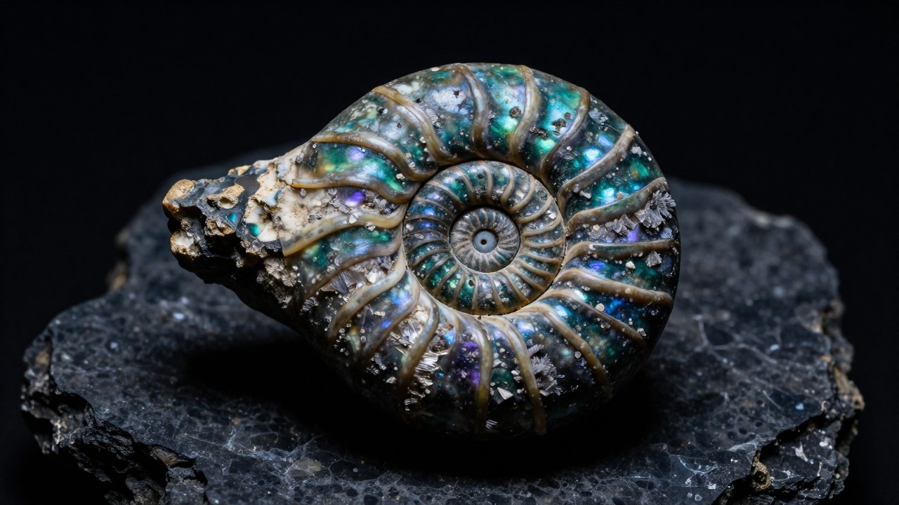Fósil de ammonita petrificado sobre una losa oscura, mostrando su estructura mineral e iridiscencia.