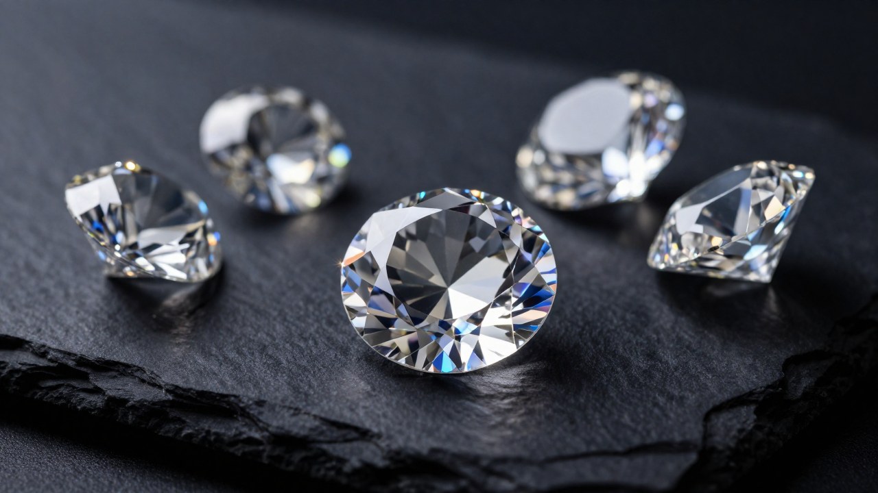 Diamantes naturales facetados sobre pizarra oscura, destacando su brillo y estructura interna.