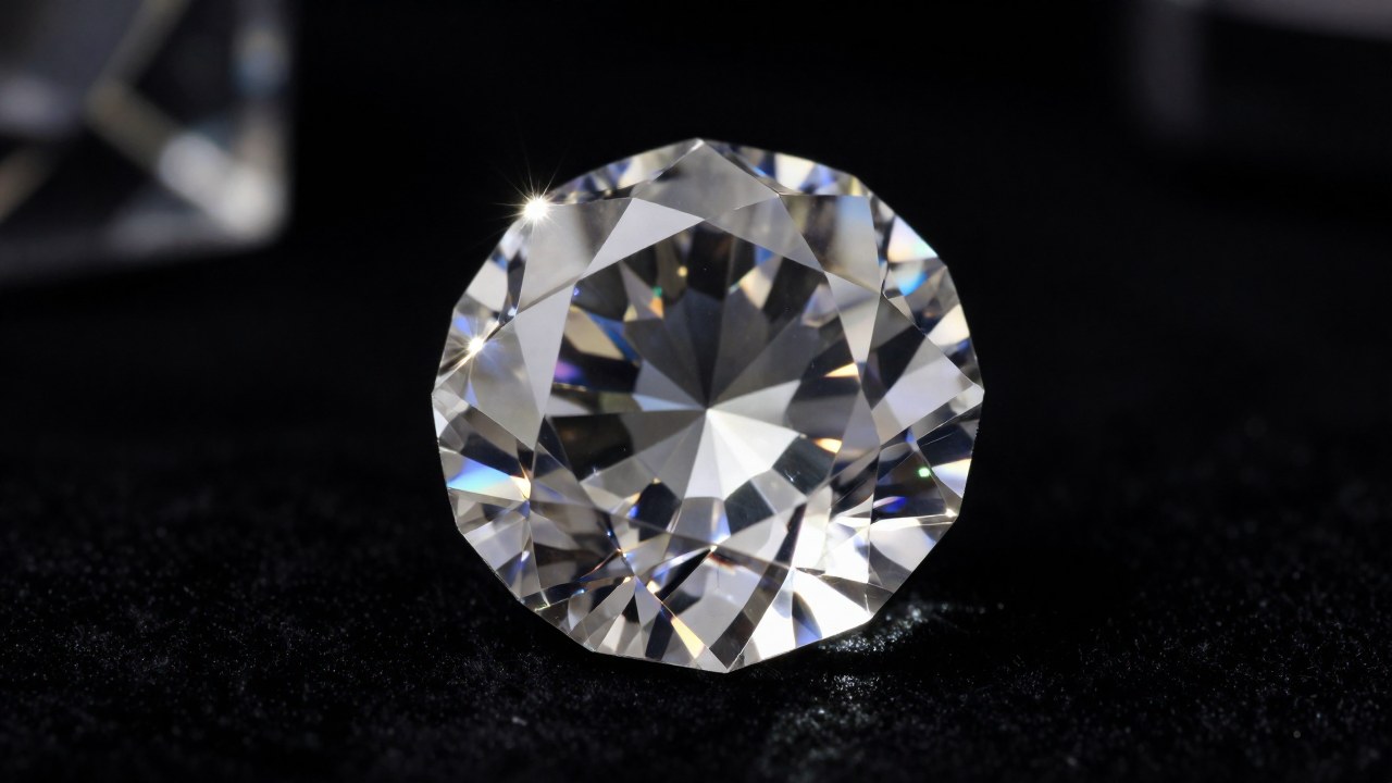 Diamante pulido e impecable centrado en una superficie oscura, mostrando su brillo y refracción.