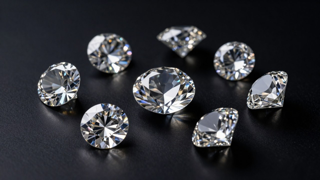 Una colección de diamantes de calidad variados, dispuestos para ilustrar la evaluación de su tamaño, corte y color.
