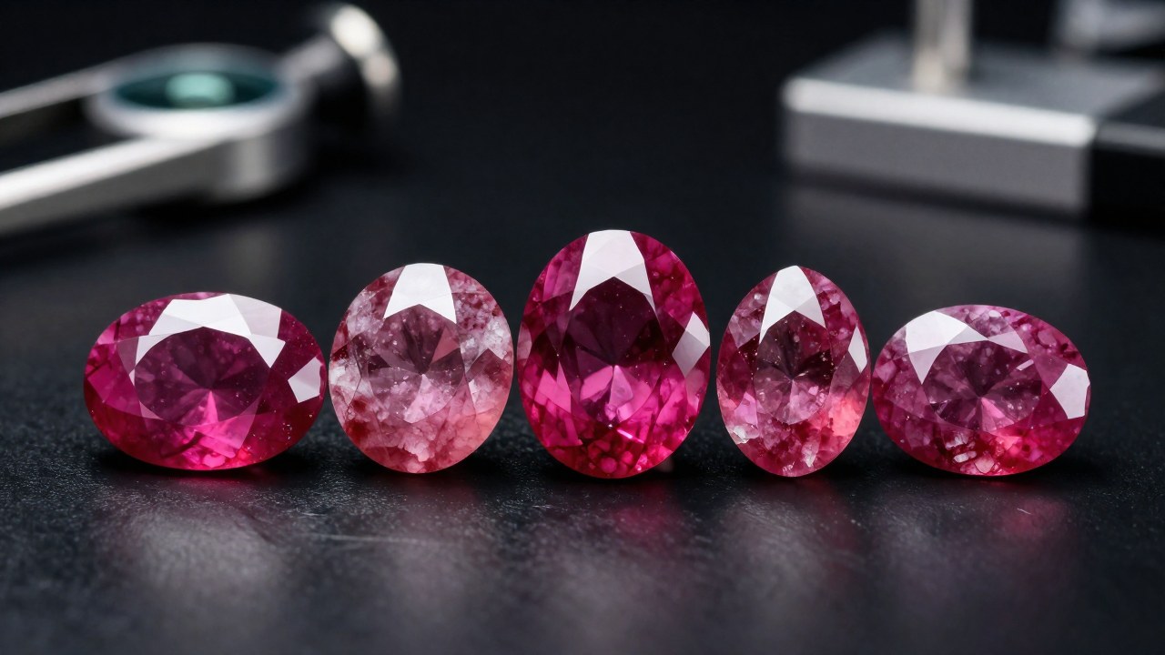 Rubíes rosas naturales sobre una superficie de laboratorio, exhibiendo su estructura para análisis gemológico.